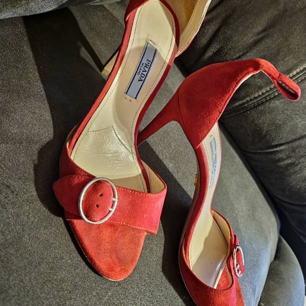 PRADA Red Suede Ankle Strap Sandals Sz 36.5 (6)